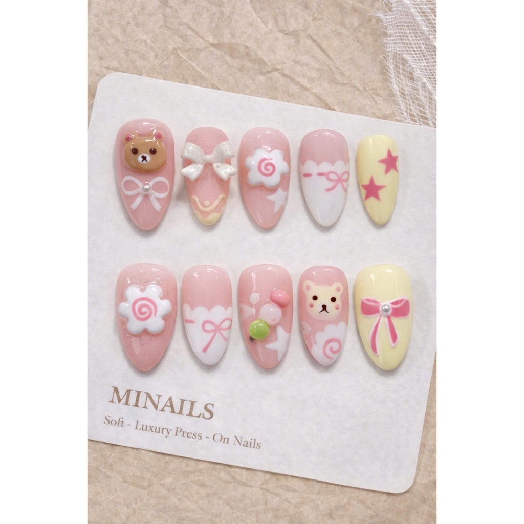 Press On Nail Gấu Nơ Kẹo Ngọt Cute