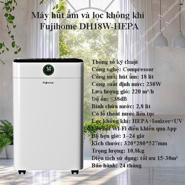 Máy hút ẩm và lọc không khí HEPA_Diệt khuẩn 18L Fujihome DH18W-HEPA