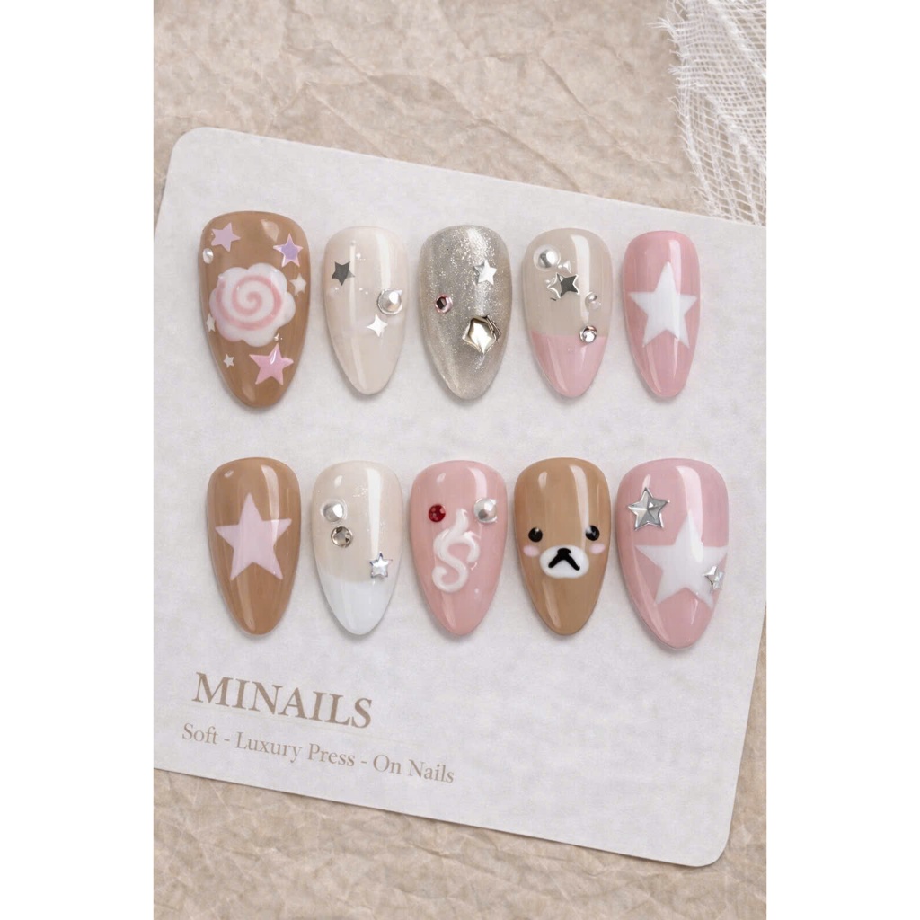 Press On Nail Gấu Sao Pastel Luxury Cute