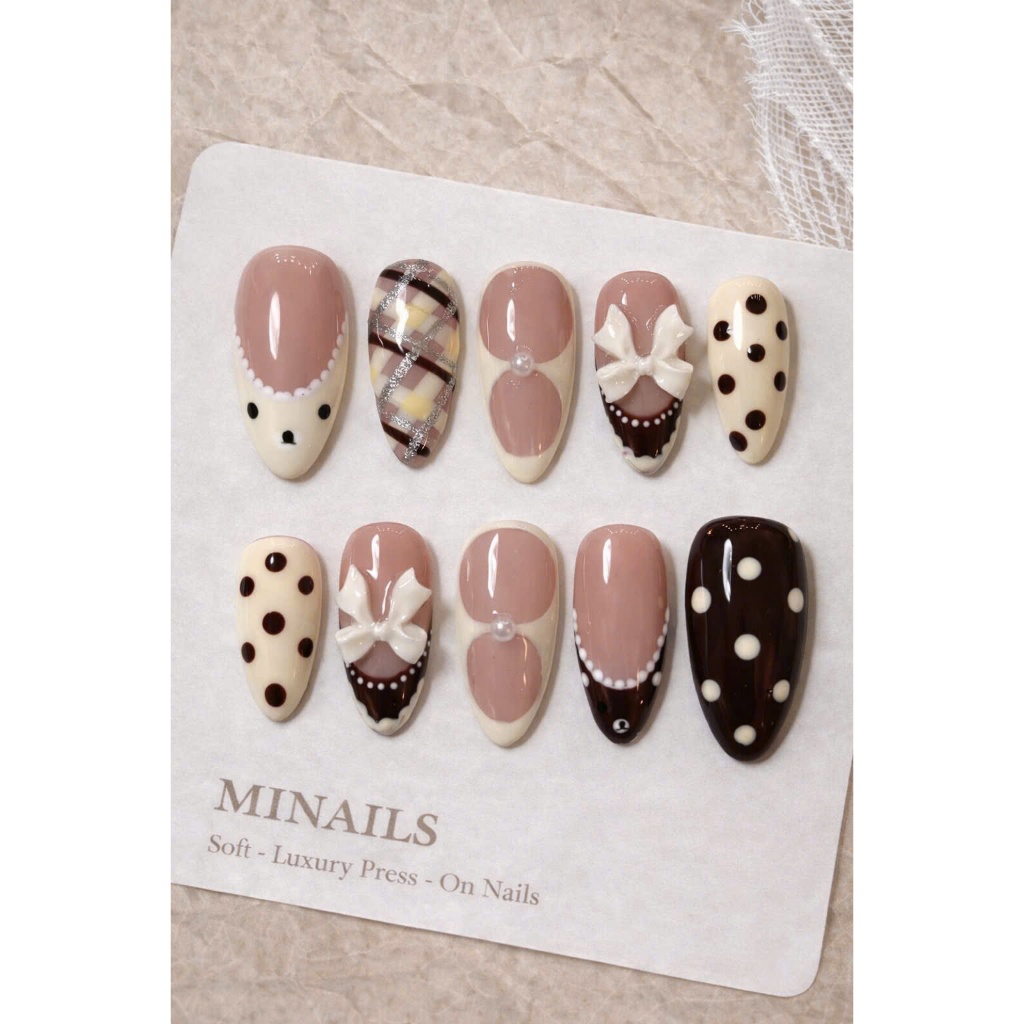 Press On Nail Socola Nơ Bi Chấm Retro Cute