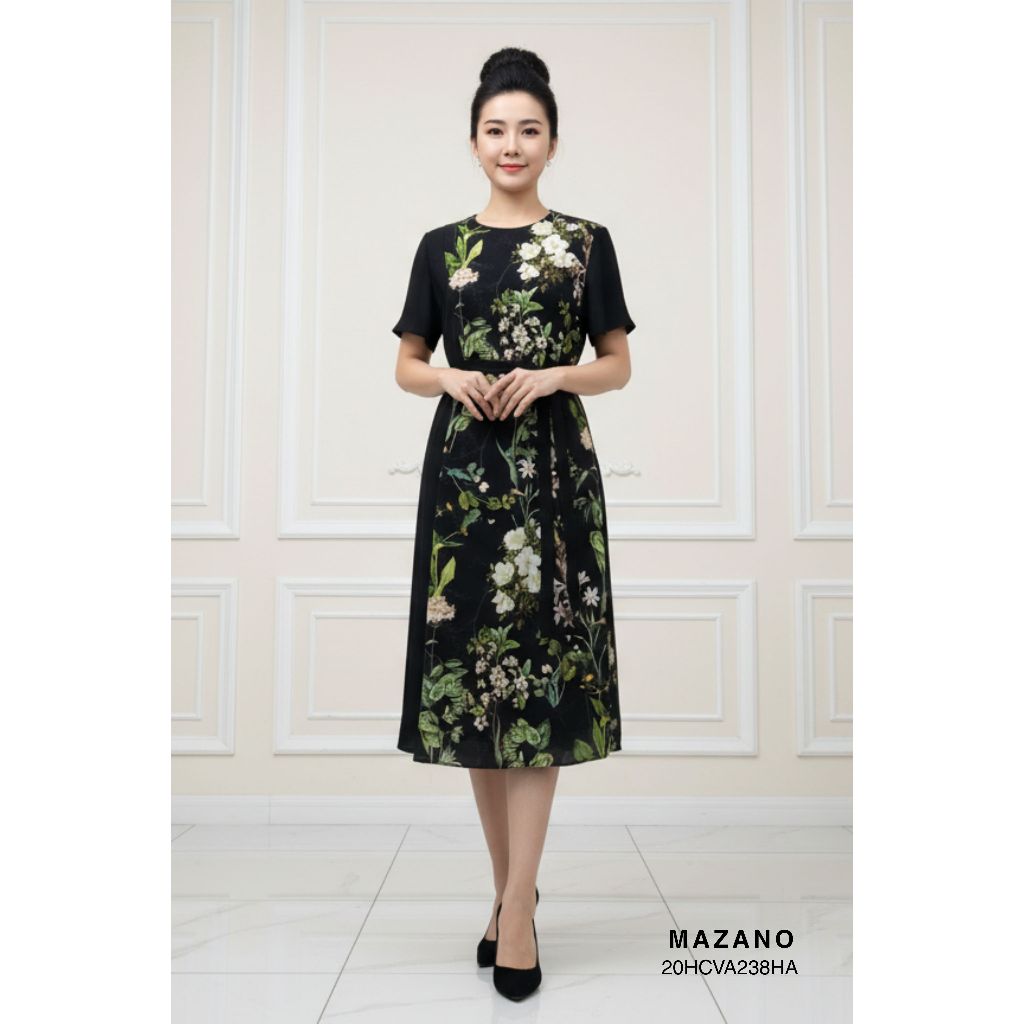 Đầm suông họa tiết hoa thắt đai nữ Mazano