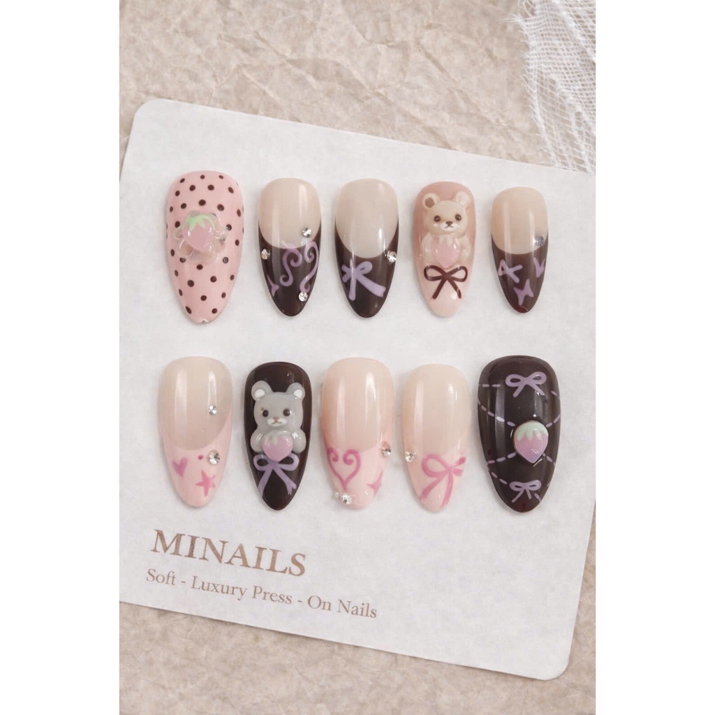 Press On Nail Gấu Dâu Socola Pastel Cute