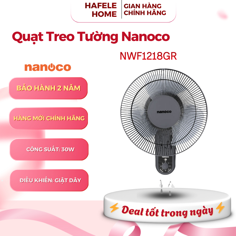 Quạt Treo Tường 2 Dây Nanoco NWF1218GR – 30W - 3 Chế Độ Gió - Động Cơ Bạc Đạn - Hoạt Động Êm Ái –EEH
