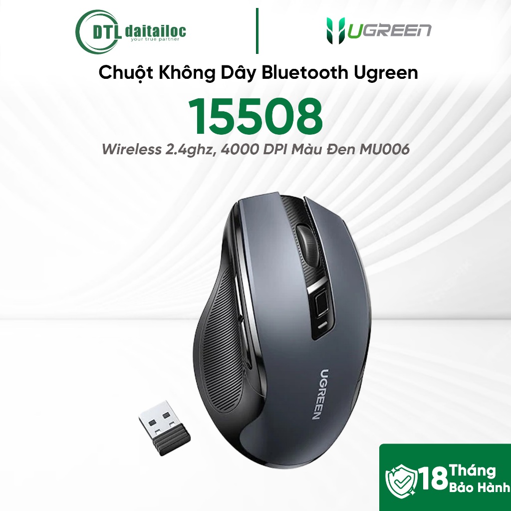 Chuột Không Dây Bluetooth + Wireless 2.4ghz Ugreen 15508, 4000 DPI Màu Đen MU006 |  Chính Hãng | Bảo
