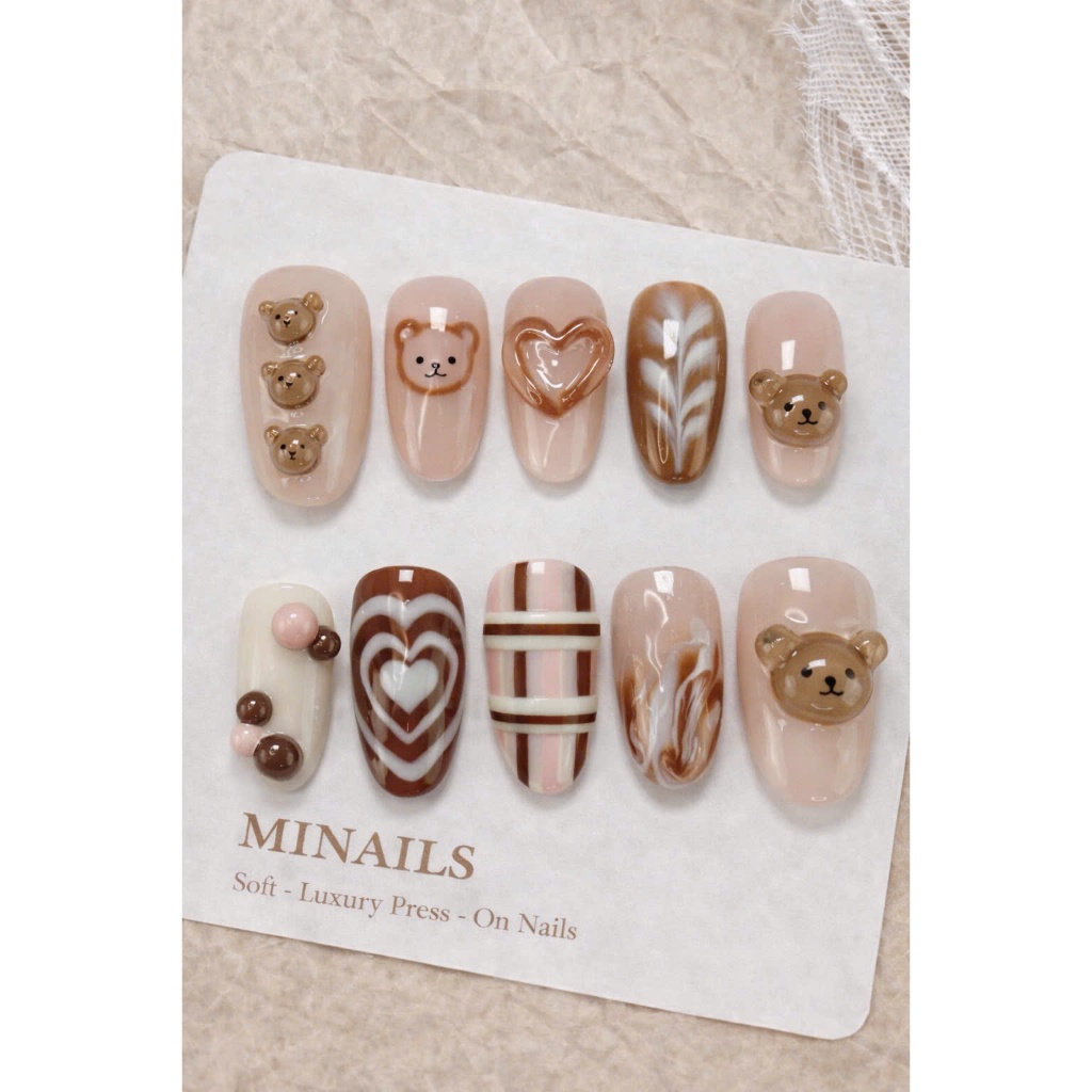 Press On Nail Gấu Socola Latte 3D Cute