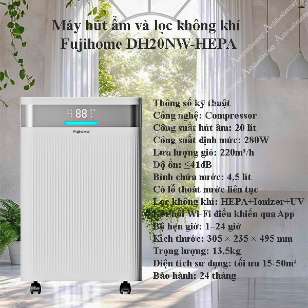 Máy hút ẩm và lọc không khí HEPA_Diệt khuẩn 20L Fujihome DH20NW-HEPA