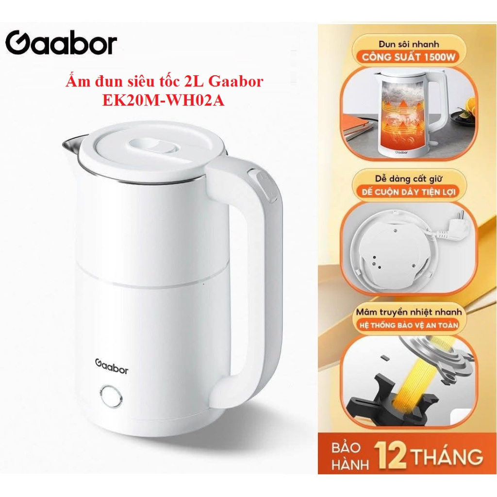Ấm đun siêu tốc 2L Gaabor EK20M-WH02A 1500W (Bảo Hành 12 Tháng)
