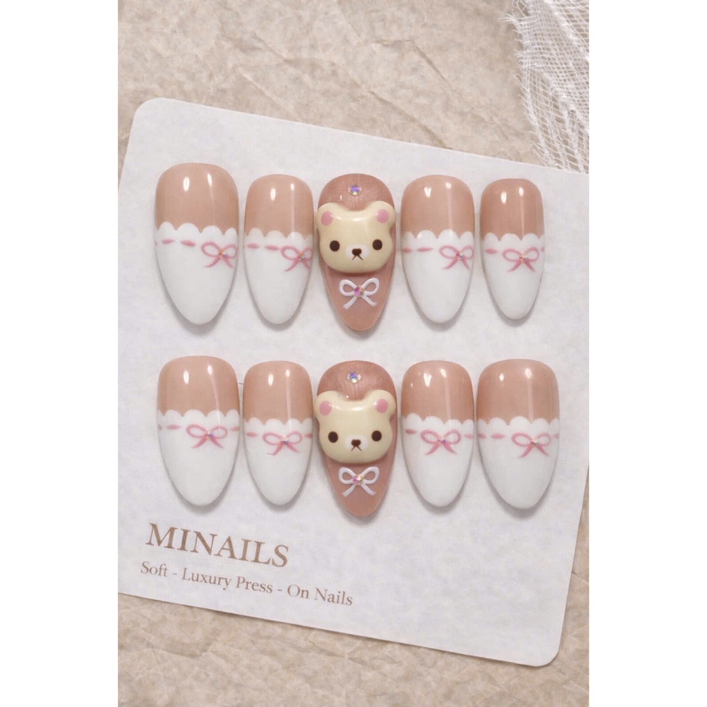 Press On Nail Gấu Nơ Trắng Sữa Sweet Cute