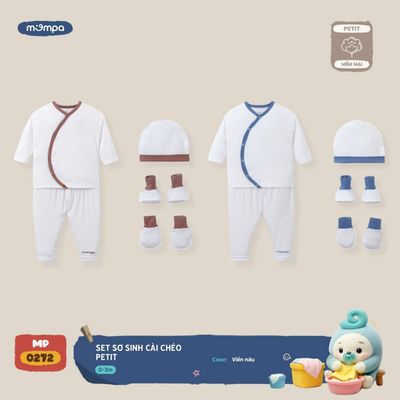 Đồ bộ cho bé sơ sinh Mompa kèm bao tay chân mũ vải Petit mềm mịn co giãn 0272