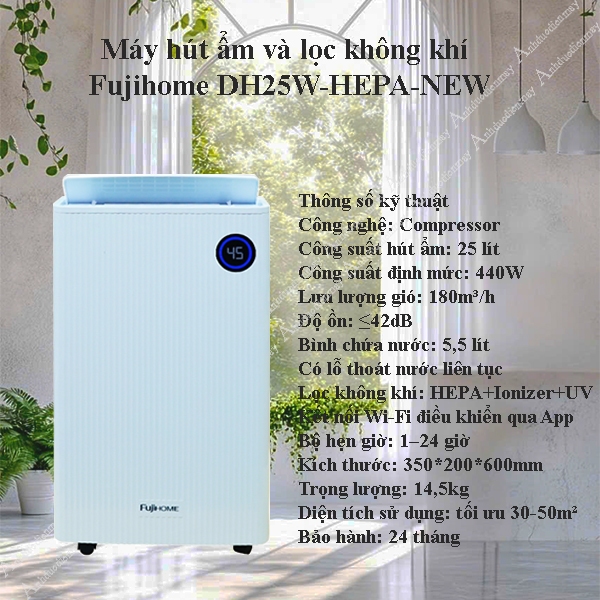 Máy hút ẩm và lọc không khí HEPA_Diệt khuẩn 25L Fujihome DH25W-HEPA-NEW