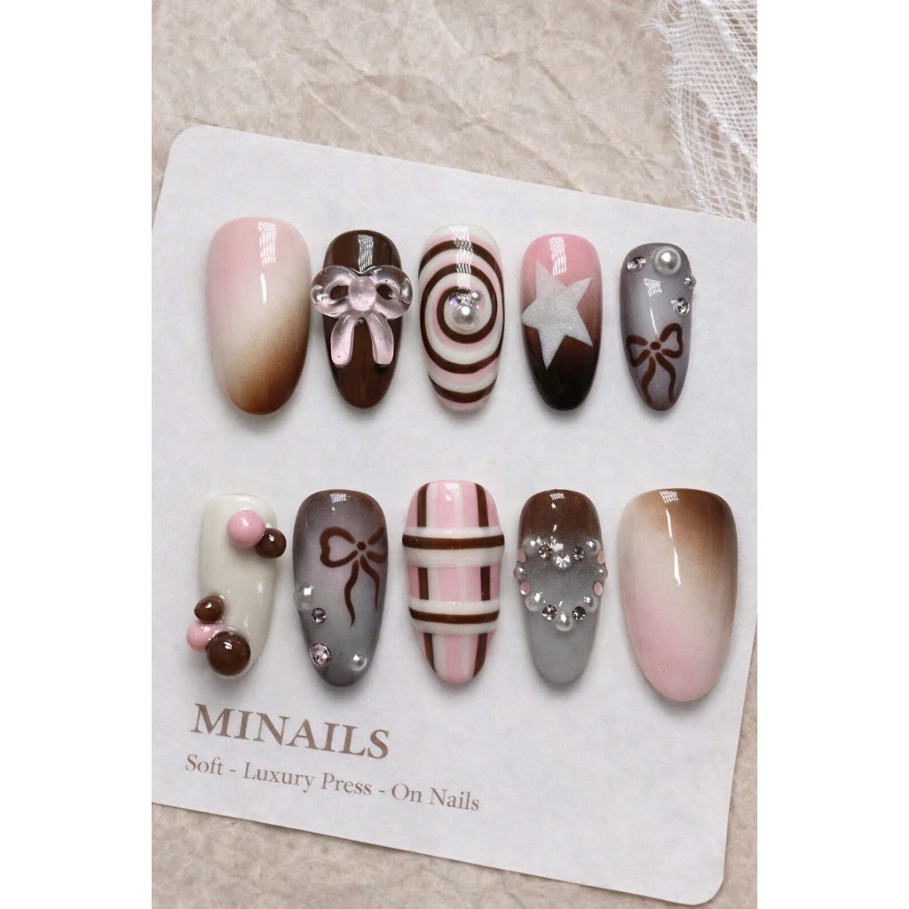 Press On Nail Socola Xám Ombre Đính Đá Cute