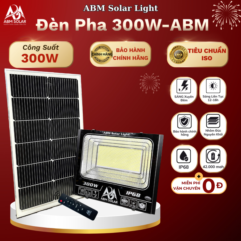 [300W] Đèn Năng Lượng Mặt Trời 300W ABMSOLAR,Tấm Pin Rời,Chống Nước IP68,Kính Cường Lực