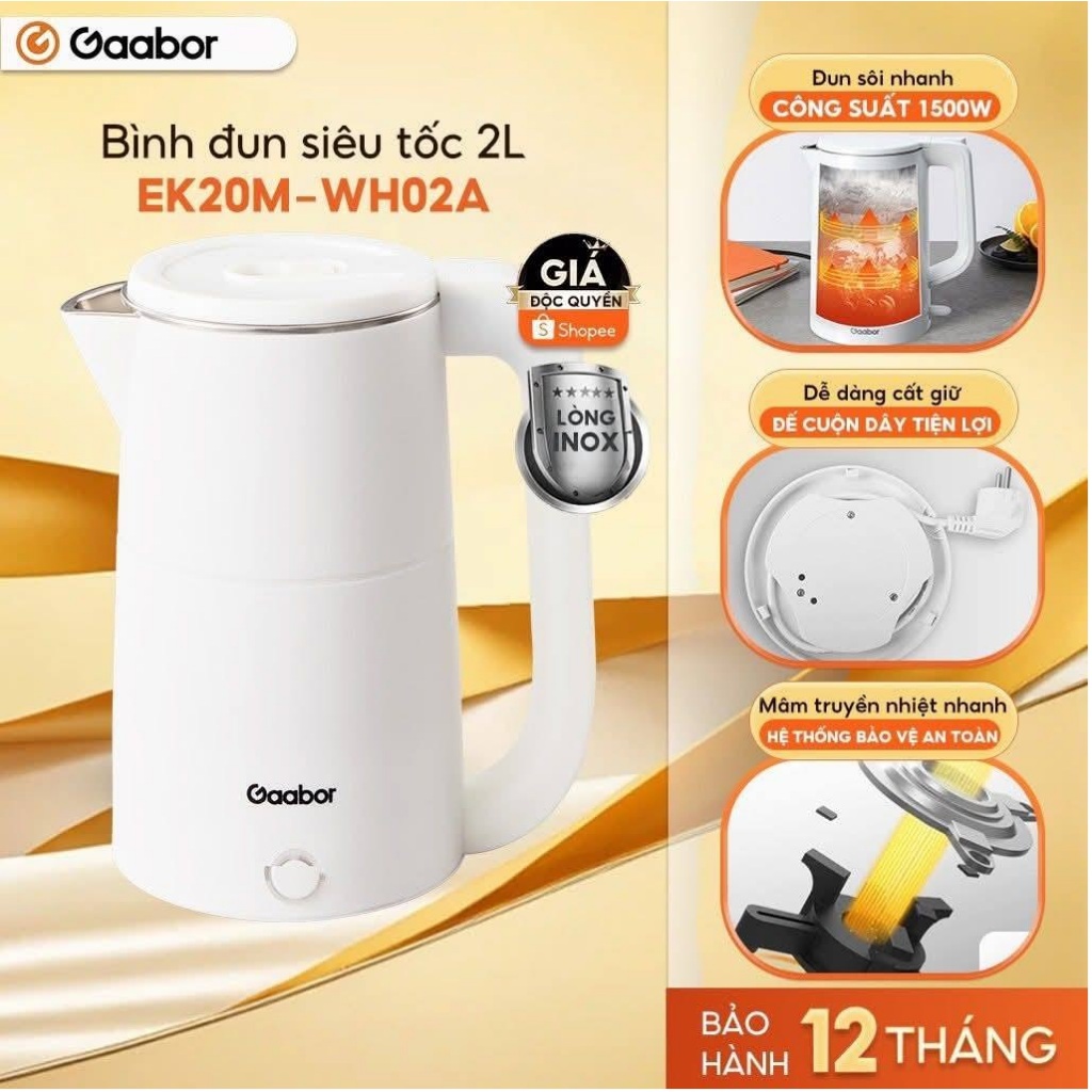 Ấm đun siêu tốc Gaabor EK20M-WH02A 2 Lít 1500W (Bảo Hành 12 Tháng)