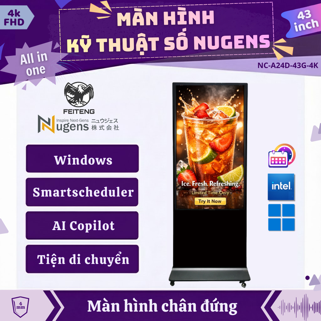 Máy Quảng Cáo LCD 43" Chân Đứng Nugens - Độ Phân Giải 4K, Tích Hợp Win11 bản quyền, Kính Cường Lực