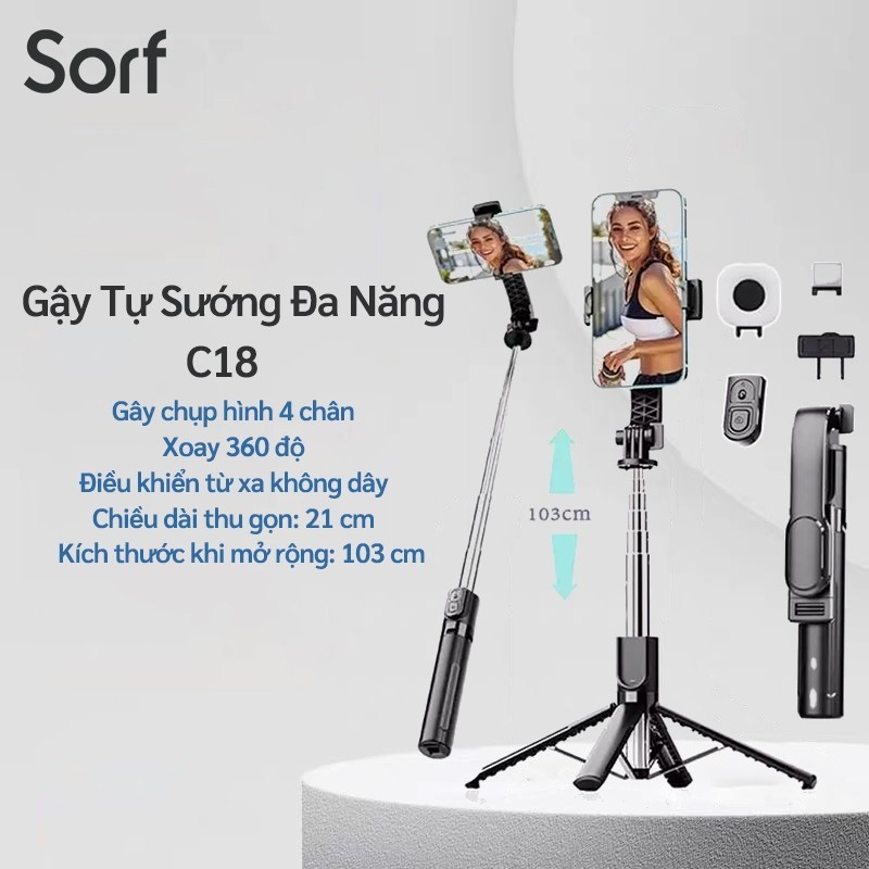 Sorf Gậy chụp hình không dây C18 – 4 chân tripod – gập gọn 1,03m – kèm remote Bluetooth tiện lợi