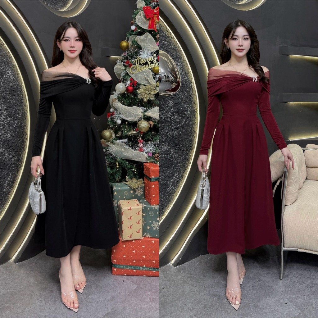 2VK32 - Váy Thiết Kế Eviici dành cho nữ, thiết kế trễ vai nhún kim cương mix lưới, dáng A xòe dài