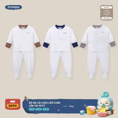 Đồ bộ cho bé sơ sinh Mompa dài tay 0-9 tháng vải Petit mềm mịn liền chân lộn tay cúc bấm 0274