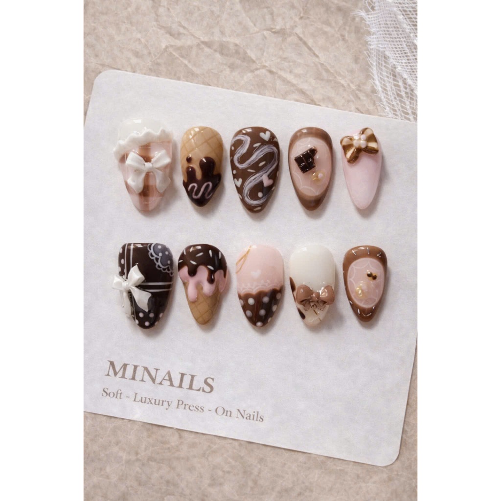 Press On Nail Socola Tan Chảy Nơ Ngọt Ngào