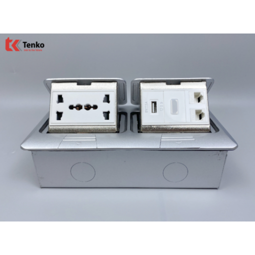 Ổ Cắm Điện Đôi 3 Chấu Âm Sàn Kèm 2 Ổ Mạng LAN, USB Và HDMI Chính Hãng Tenko TK-J04-08 Bạc