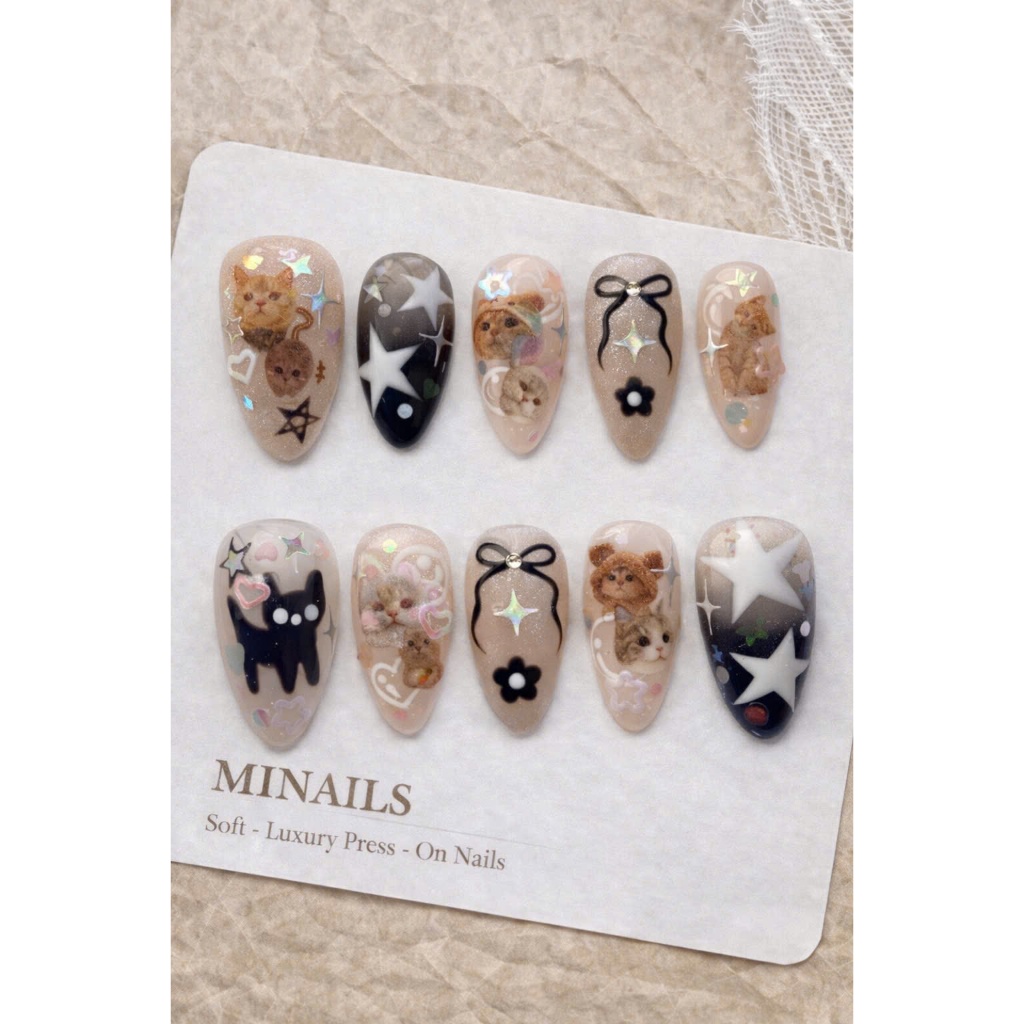 Press On Nail Mèo Gấu Ánh Sao Glitter Nude