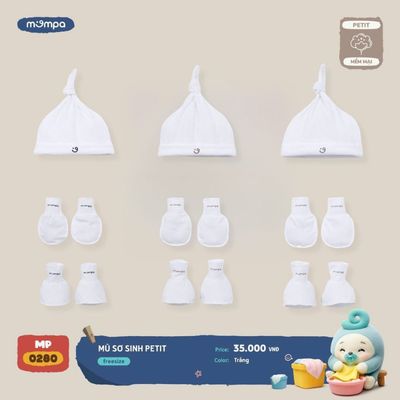 Bao tay chân mũ cho bé sơ sinh Mompa vải Petit mềm mịn co giãn thấm hút 0280