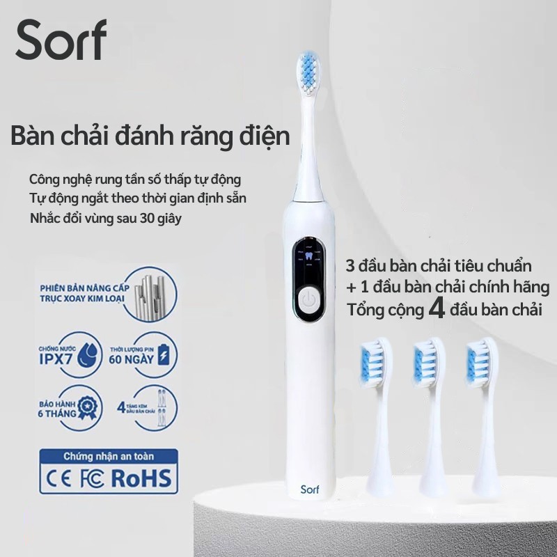 Sorf Bàn chải điện rung tần số thấp cho răng nhạy cảm đầu Dupont chống nước IPX7 pin lâu, sạc Type-C