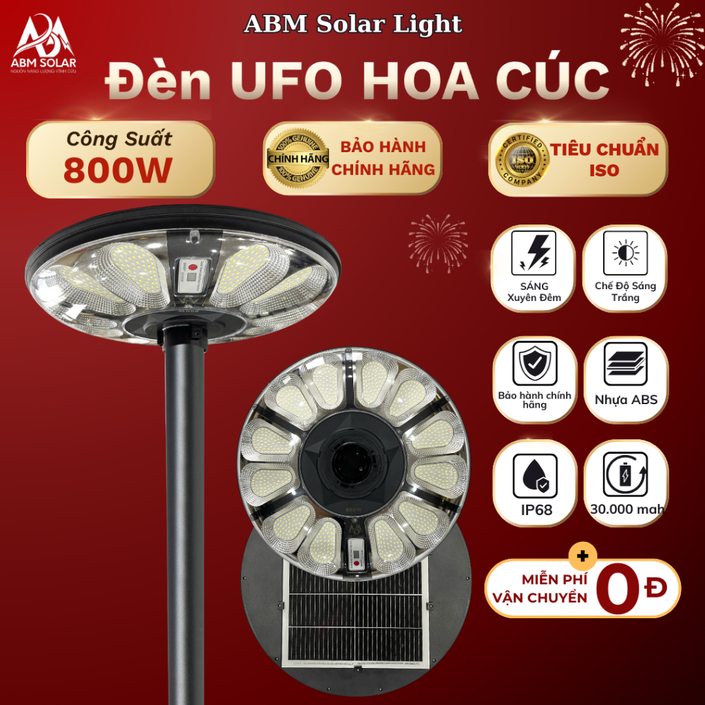 [800W] Đèn Năng Lượng Mặt Trời UFO Hoa Cúc 800w, Chống Nước IP68, Nhựa ABS Cao Cấp, Chiếu Sáng Sân V