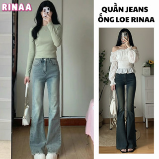 Quần Jean Nữ Ống Loe RINAA Cạp Cao Đứng Co Giãn Màu Xanh Mài RETRO, Quần Bò Loe Đen Loang Hách Dáng