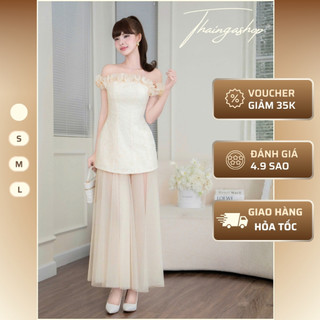 Đầm Dự Tiệc Trễ Vai Ren Hoa Cao Cấp Phối Tulle Dài, Váy Dự Tiệc Sang Trọng D1560