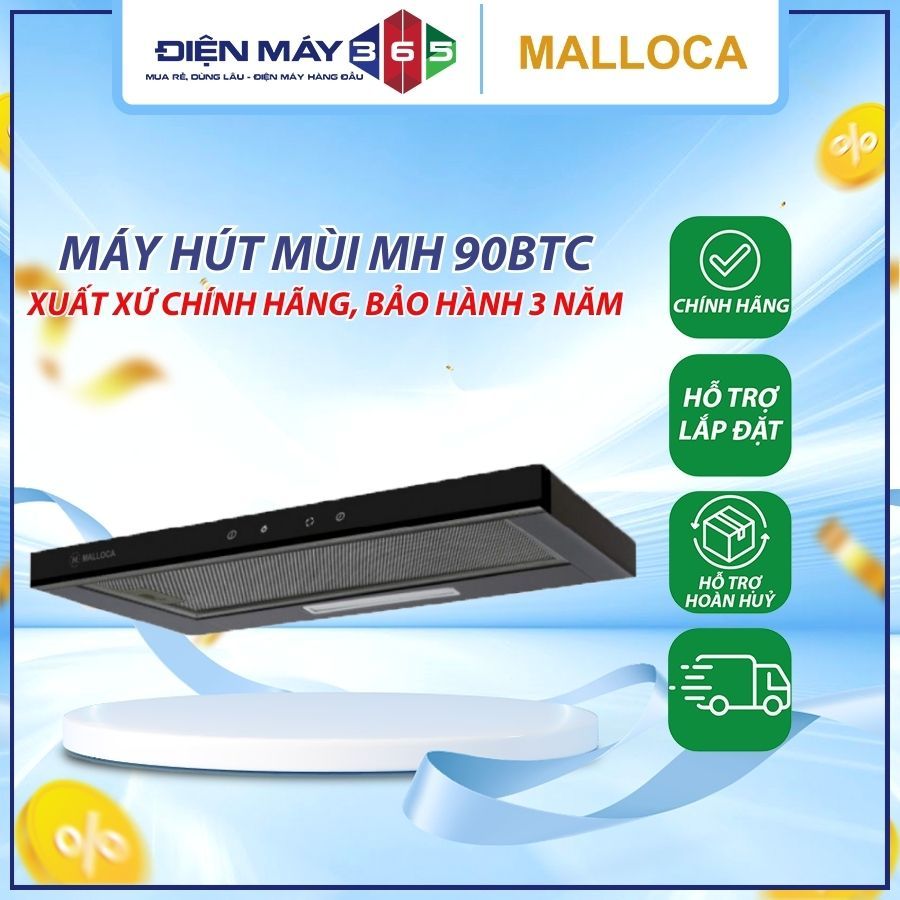 Máy hút khói khử mùi âm tủ Malloca MH 90BTC, kính đen, ngang 90cm, bảo hành 3 năm