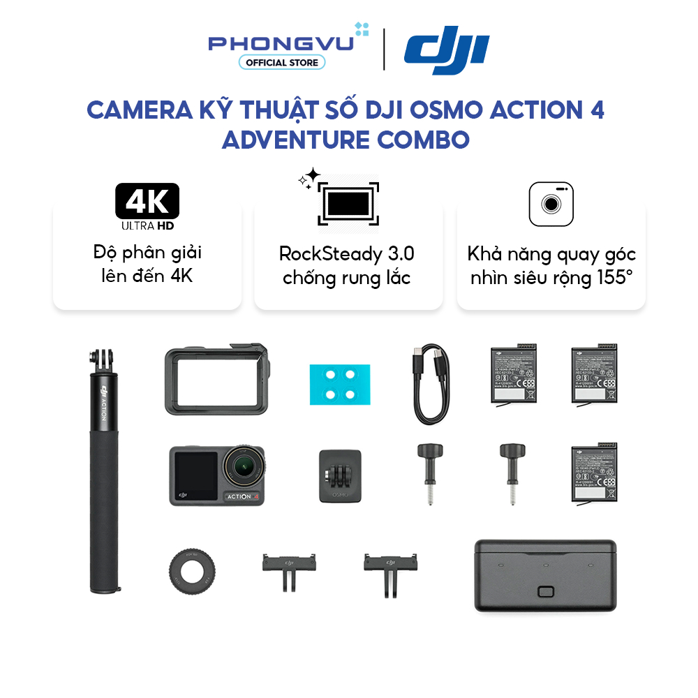 Camera DJI Osmo Action 4 Adventure Combo - 3 Pin - Hộp Sạc Đa Năng - Gậy Kéo Dài - Bảo Hành 12 Tháng