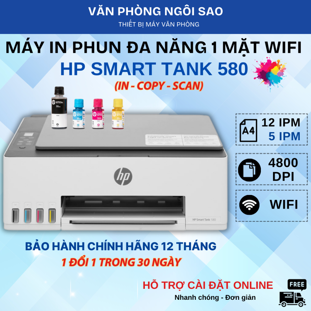 Máy in phun màu đa năng HP Smart Tank 580 All-in-One Printer (1F3Y2A) - In phun màu không dây Wifi