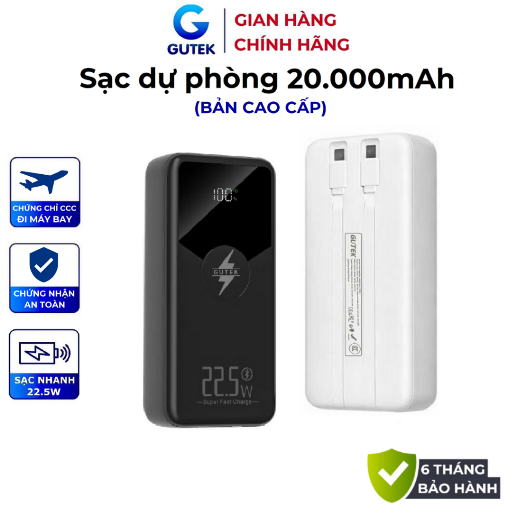 Sạc dự phòng 20000mAh Gutek GT229 sạc nhanh 22,5W pin dung lượng lớn tích hợp dây cáp cho điện thoại