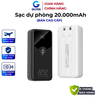 Sạc dự phòng 20000mAh Gutek GT229 sạc nhanh 22,5W pin dung lượng lớn tích hợp dây cáp cho điện thoại