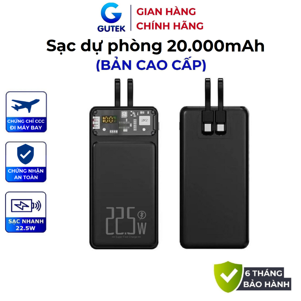 Pin Sạc dự phòng 20000mah sạc nhanh 22,5W dung lượng pin lớn có sẵn dây cho điện thoại - Gutek GT159