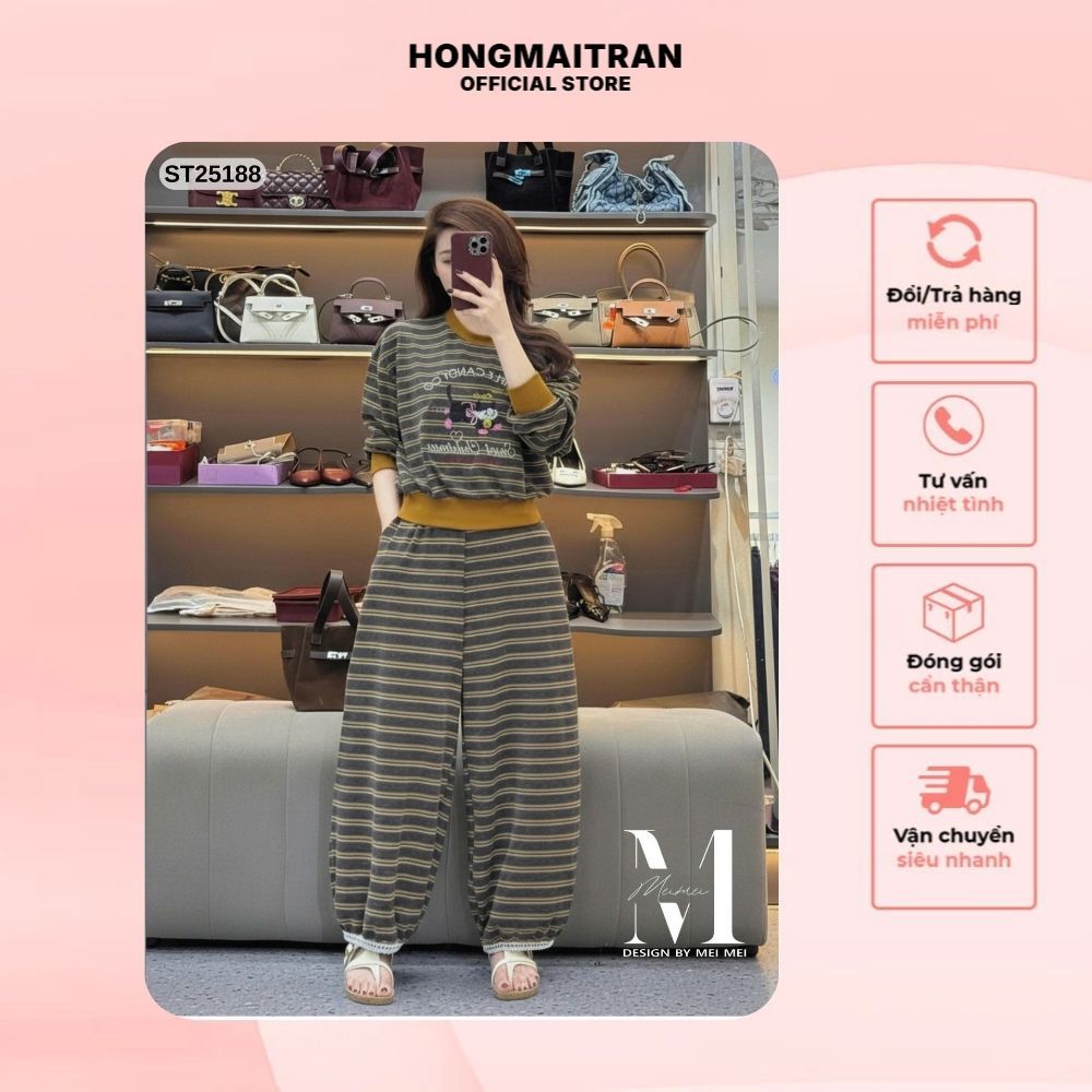 Set Bộ Đồ Nữ MeiMei Áo Dài Tay Quần Ống Rộng Kẻ Sọc Thời Trang ST25188