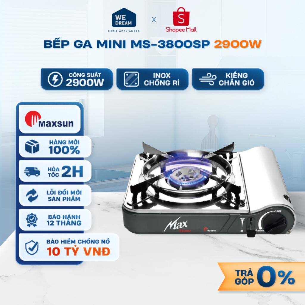 MS-3800SP - Bếp Gas Mini Maxsun MS-3800SP 2900W Inox Chống Rỉ - Hàng Chính Hãng, Mới 100%