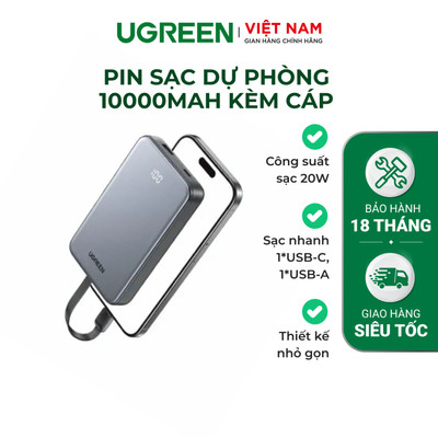Sạc di động Ugreen 10000mAh | Cổng sạc USB-C và USB-A | Sạc nhanh PD20W  | Hàng chính hãng - Bảo hành 18 tháng 1 đổi 1