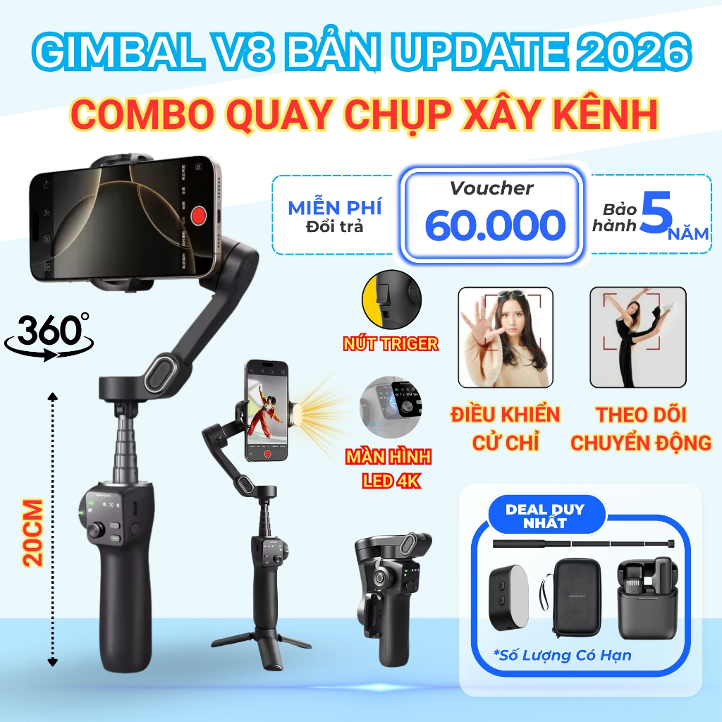 Gimbal chống rung điện thoại Smart V8 Pro, Gậy quay video chống rung - Pin 2600mAh - Tracking Ai 8.0 | BigBuy360 - bigbuy360.vn