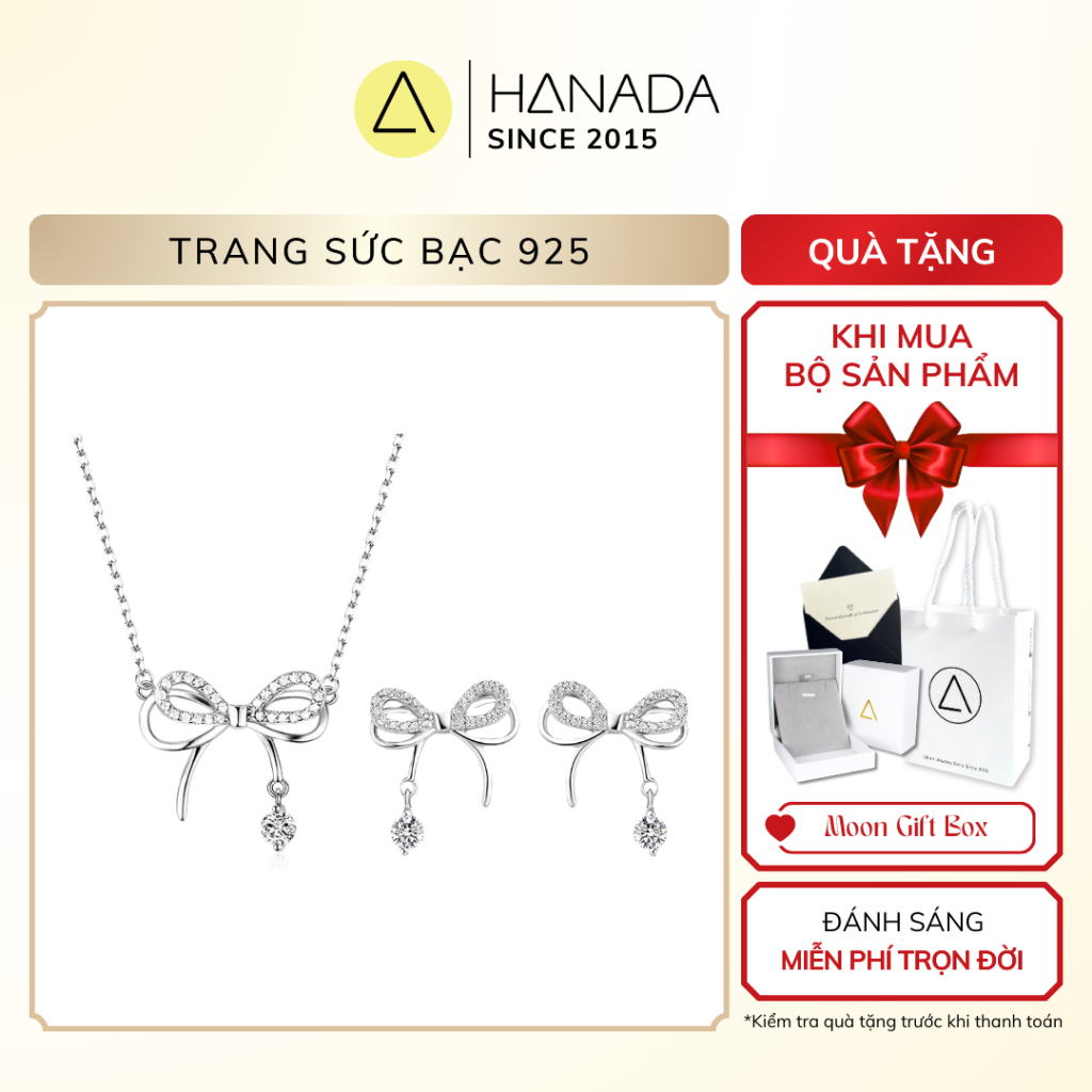 [BH TRỌN ĐỜI] Bộ Trang Sức Bạc 925 HANADA Dây Chuyền Và Bông Tai Nơ Đính Đá Giọt Nước Rơi Tiểu Thư 1308