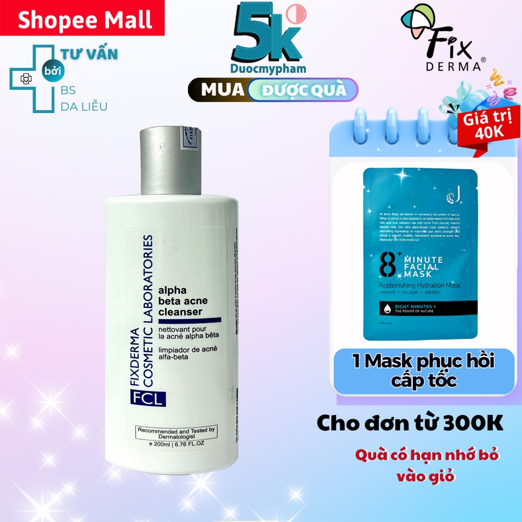 Sữa Rửa Mặt Giảm Mụn Phục Hồi Da Fixderma FCL Alpha-Beta Acne Cleanser 200ml