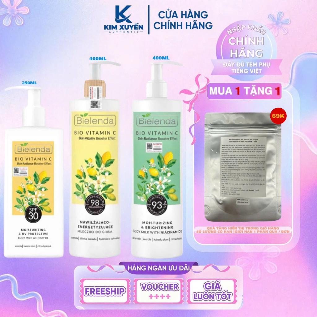 Dưỡng thể BIELENDA Bio Vitamin C 250ML / 400ML - Dưỡng da body (Móp nhẹ) [ TẶNG 1 BỘT NIA 25G ]