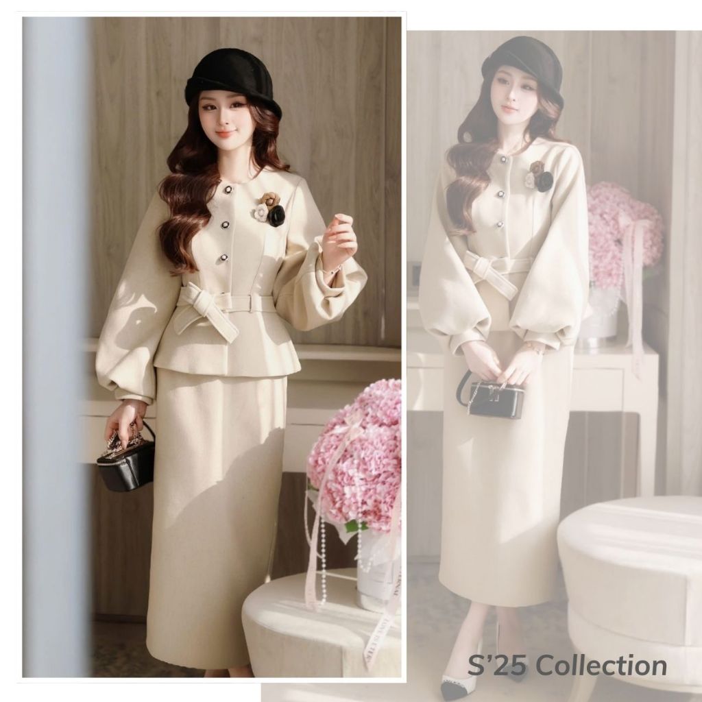 [Thiết Kế Độc Quyền] Set Dạ Màu Begie Tay Bồng Chất Liệu Cao Cấp Thoải Mái, Phù Hợp Nhiều Dịp Lavish