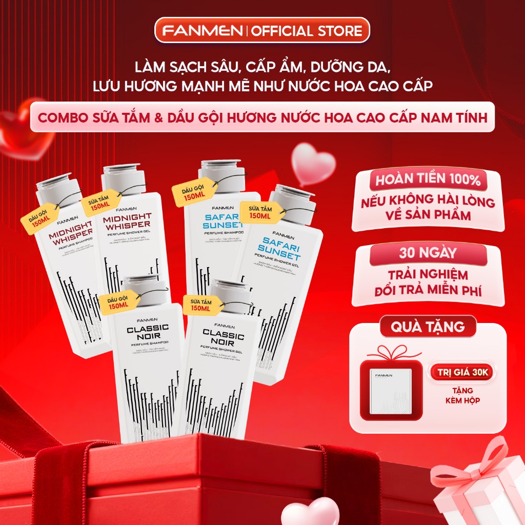 [150ml]Combo Sữa tắm và Dầu gội hương nước hoa Fanmen, Sữa tắm sạch sâu cấp ẩm dưỡng da, Dầu gội sạc