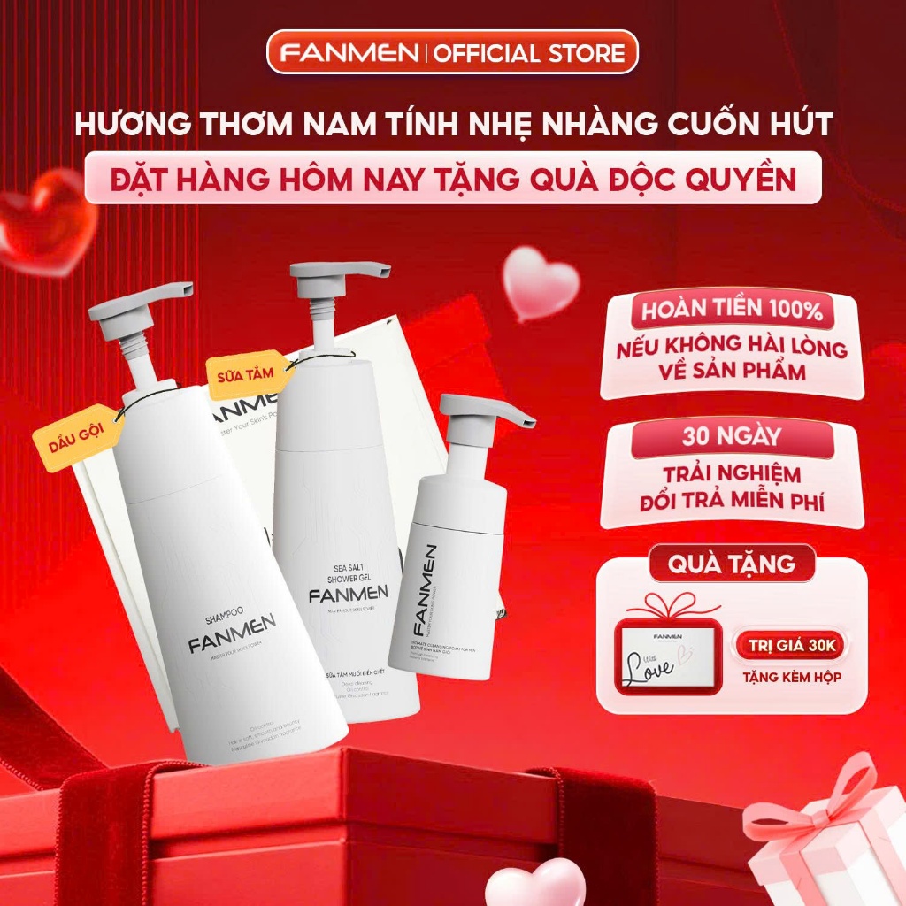 [Combo Trưởng Thành] Dầu gội sạch gàu Fanmen 350ml, Sữa tắm muối biển chết 350ml và Bọt vệ sinh nam 