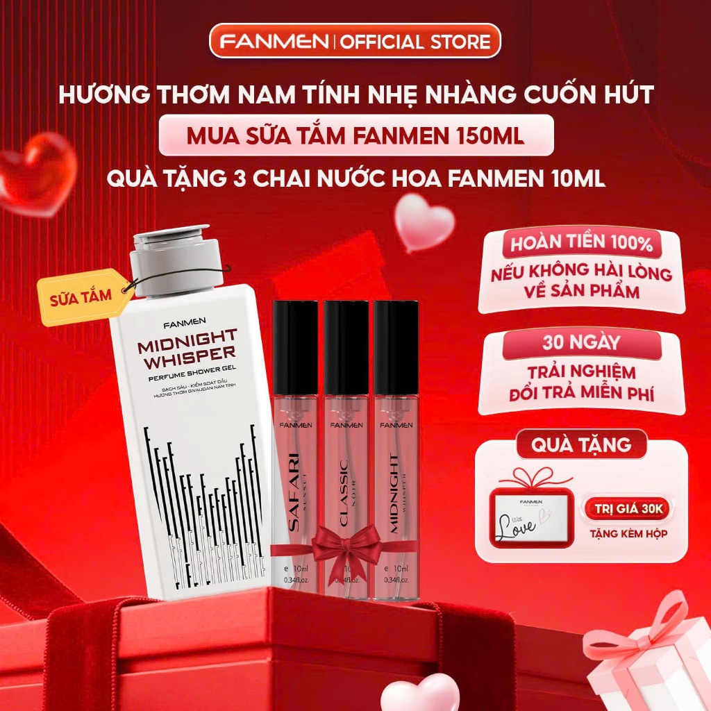 Sữa tắm hương nước hoa cao cấp Fanmen làm sạch sâu, cấp ẩm 150ml - Tặng kèm bộ 3 nước hoa nam Fanmen