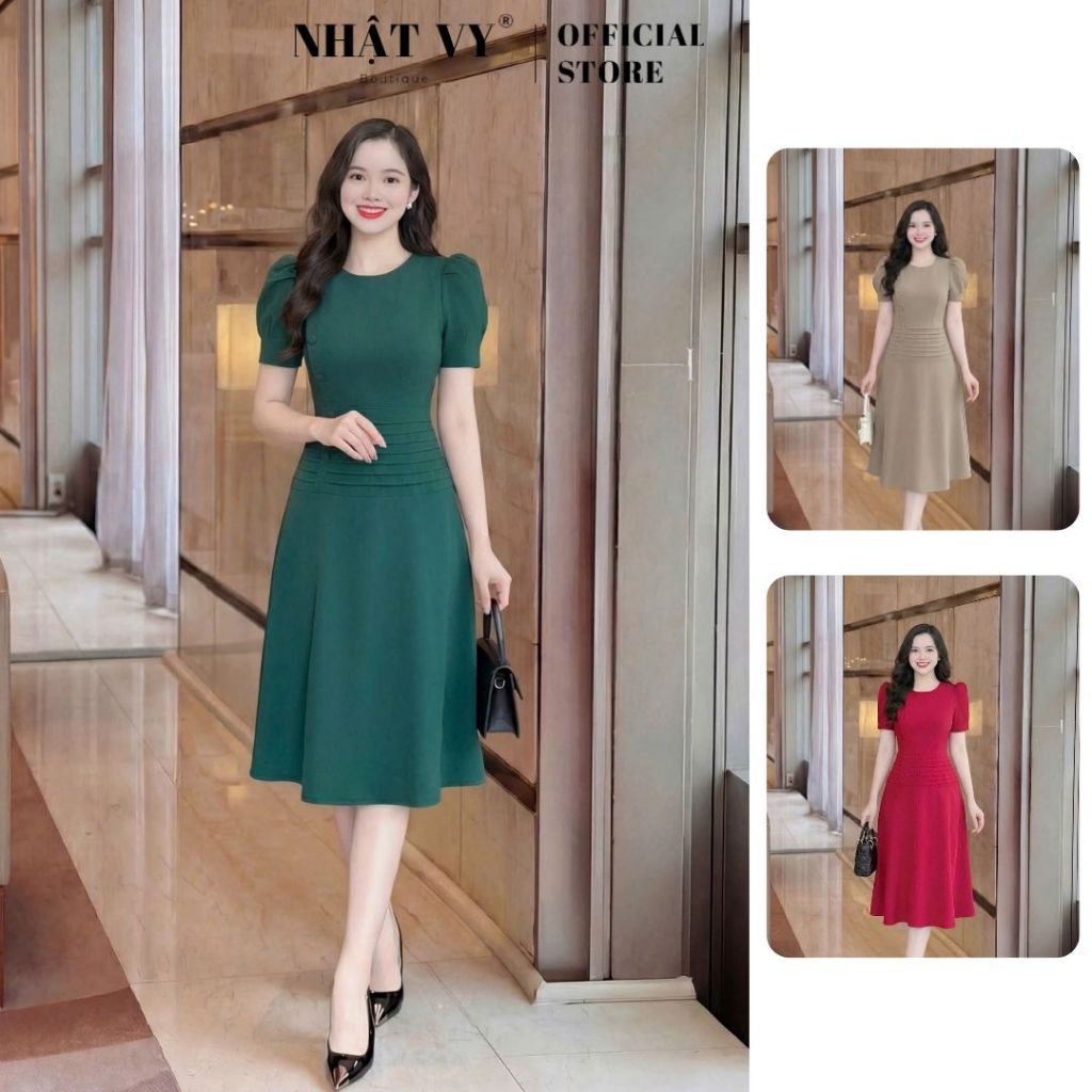 Đầm dự tiệc Nhật Vy đính cúc bọc dập ly dáng xoè chất lụa phù hợp công sở đi chơi sang trọng - D2820