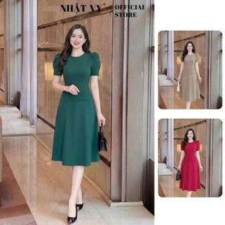 Đầm dự tiệc Nhật Vy đính cúc bọc dập ly dáng xoè chất lụa phù hợp công sở đi chơi sang trọng - D2820