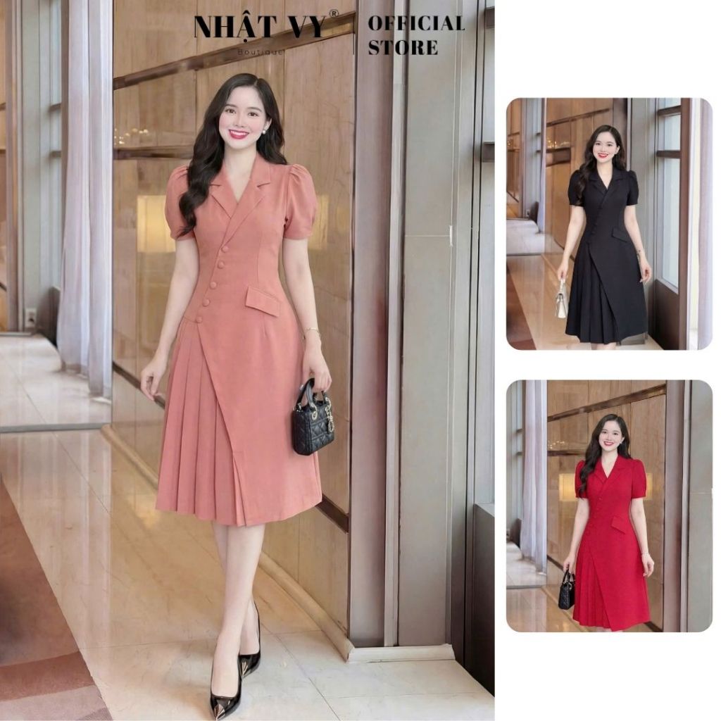 Đầm vest nữ dự tiệc thiết kế Nhật Vy phối cúc bọc xếp ly chất linen gân phù hợp công sở - D2740