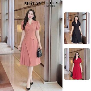 Đầm vest nữ dự tiệc thiết kế Nhật Vy phối cúc bọc xếp ly chất linen gân phù hợp công sở - D2740